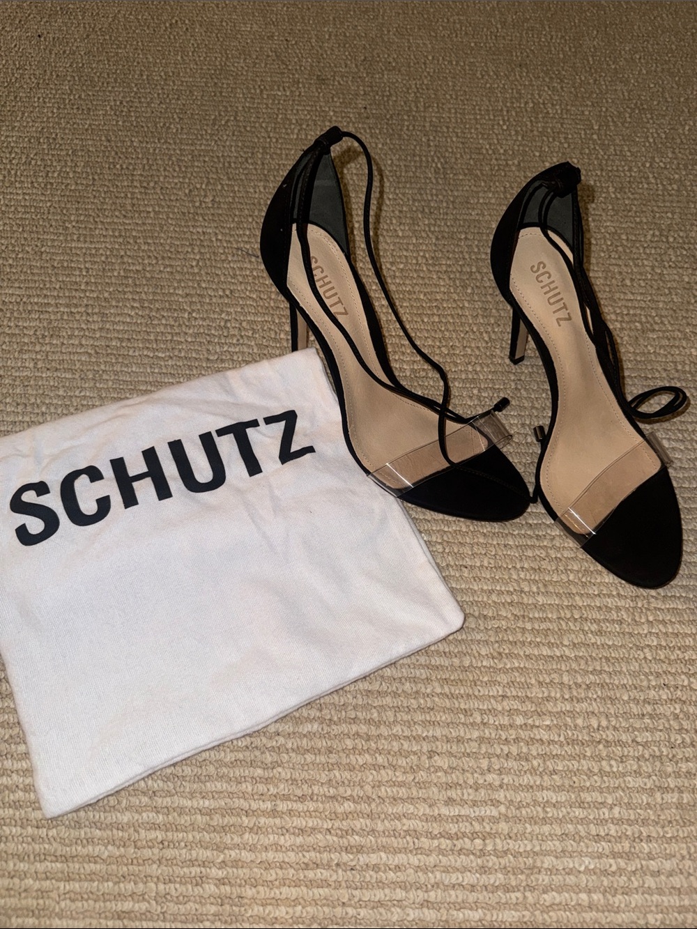 SCHUTZ Black Suede Pointed-Toe Stiletto Heels with Clear Strap and Ankle Tie - Picture 3 of 3